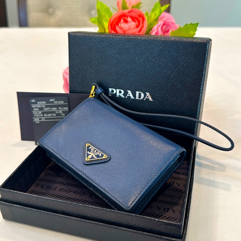 Prada Navy Saffiano Leather Wristlet Wallet with Gold Logo